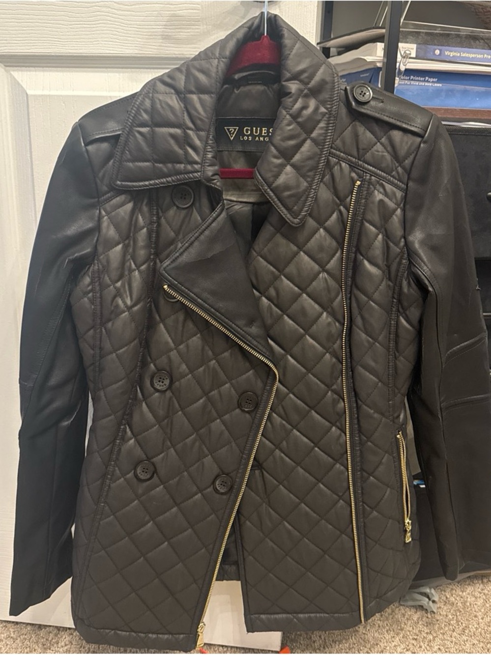 Guess Black Quilted Leather Jacket with Gold Zippers